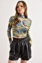 Women's Zebra Green Patterned Cropped Stretchy Tulle Blouse Blz-19003264 - 3