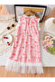 Girls Pink Bow Print Sleeveless Mesh Hem Dress - 2