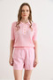 Women's Pink Striped Detail Polo Neck Lace-Like Knit Knitwear Blouse Blz-19003227 - 2