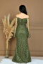 Full Beaded Boat Neck Long Evening Dress - Khaki Green - 6