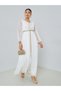 White Lurex V Neck Jalabiya with Lace Detail