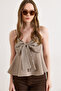 Women's Mink Strap Adjustable Front Bow Gingham Blouse Blz-19003272 - 3
