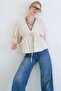 Ecru V-Neck Three-Quarter Sleeve Elastic Ruffle Fabric Blouse Alc-X15414 - 2