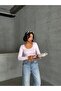 Women's Lilac Round Neck Snap Collar Ribbed Knit Long Sleeve Crop Blouse - 5