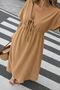 Women's Solid Color Aerobin Fabric Summer V-Neck Short Sleeve Elastic Waist Below Knee Dress 10C-2380