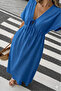 Women's Solid Color Aerobin Fabric Summer V-Neck Short Sleeve Elastic Waist Below Knee Dress 10C-2379