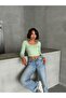 Women's Mint Round Neck Snap Collar Ribbed Knit Long Sleeve Crop Blouse - 3