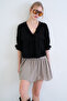 Black V-Neck Three-Quarter Sleeve Elastic Ruffle Fabric Blouse Alc-X15414 - 3
