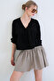 Black V-Neck Three-Quarter Sleeve Elastic Ruffle Fabric Blouse Alc-X15414 - 6