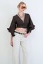 Bitter Coffee V-Neck Tie Detail Ruffled Sleeves Linen Blouse Alc-X15332 - 3