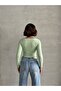 Women's Mint Round Neck Snap Collar Ribbed Knit Long Sleeve Crop Blouse - 6