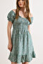 Women's Green Gipe Detailed Mini Woven Viscose Dress Elb-19002606 - 4