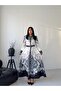 Women's White-Black Atlas Fabric Shirt Collar Ethnic Patterned Belt Pack Maxi Dress Jen2648 - 2