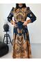 Women's Navy Blue-Camel Atlas Fabric Mock Neck Belt Pack Maxi Dress Jen2639 - 2