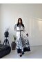 Women's White-Black Atlas Fabric Shirt Collar Ethnic Patterned Belt Pack Maxi Dress Jen2648