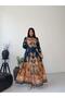 Women's Navy Blue-Camel Atlas Fabric Mock Neck Belt Pack Maxi Dress Jen2639