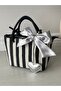 Black Striped Linen Women's Heart Charm Hand and Shoulder Bag