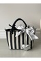 Black Striped Linen Women's Heart Charm Hand and Shoulder Bag - 5