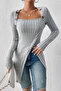 Women's Elegant Touch Gray Button Detailed Square Neck Ribbed Asymmetrical Hem Long Sleeve Blouse - 2