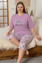 Plus Size Cotton Piece Patterned Short Sleeve Bermuda Capri Pajama Set