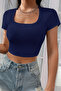 Women's Elegant Touch Navy Blue Half Sleeve Solid Collar Crop Top Blouse - 2