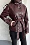 Women's Double-Breasted Button Burgundy Leather Jacket - Belt Pack Mock Neck Short Trench Jacket - 4