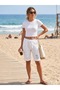 Women's Italian White Elastic Waist Appliqué and Sequin Detail C Pocketed Frayed Bermuda Shorts - 2
