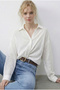 Women's White Casual Striped Shirt with Gathered Detail on the Front 191 60286021 - 2