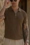 Men's Textured Corded Fabric Knitwear T-Shirt Brown - Polo Collar, Half Zipper, Fit, Summer, Knitted - 5