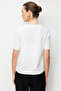 Women's Crew Neck Blouse Striped with Side Buttons Fine Knit Blouse Bone - 3