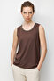 Women's Round Neck Collar with Chain Strap Combed Cotton T-Shirt Dark Brown - 5