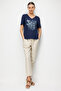 Women's V-Neck Front Sequin Embroidered Combed Cotton T-Shirt Navy Blue - 5