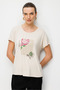 Women's Crew Neck Combed Cotton T-Shirt with Sequin Roses on the Front Beige - 2