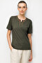 Women's Open Collar Floral Embroidered Combed Cotton T-Shirt Khaki