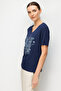 Women's V-Neck Front Sequin Embroidered Combed Cotton T-Shirt Navy Blue - 2