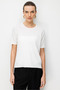 Women's Crew Neck Blouse Striped with Side Buttons Fine Knit Blouse Bone - 4