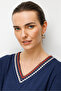 Women's V-Neck Collar Two-Color Embroidered Stone Combed Cotton T-Shirt Navy Blue - 2