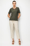 Women's Open Collar Floral Embroidered Combed Cotton T-Shirt Khaki - 3