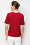 Women's Open Collar Floral Embroidered Combed Cotton T-Shirt Cherry - 4