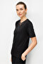 Women's Open Collar Floral Embroidered Combed Cotton T-Shirt Black - 3