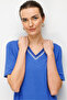 Women's V-Neck Collar Two-Color Embroidered Stone-Embellished Combed Cotton T-Shirt Cobalt Blue - 2