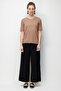 Women's Crew Neck Blouse Striped with Side Buttons Fine Knit Moka - 5