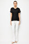 Women's V-Neck Embroidered Low-Sleeve Combed Cotton T-Shirt Black - 5