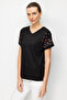 Women's V-Neck Embroidered Low-Sleeve Combed Cotton T-Shirt Black - 3
