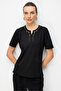 Women's Open Collar Floral Embroidered Combed Cotton T-Shirt Black