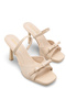 Fabiola Vellini Beige Nubuck Patent Leather Women's Stylish Double Strap Comfortable Thin Heeled Slippers with Bow Detail