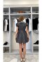 Women Gray Plaid Patterned Lace Peter Pan collar Bow Detail Short Sleeve Mini Dress - 4
