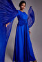 Women's Tulle Detailed Draped Evening Dress - Cobalt Blue - 5