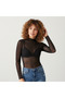 Women's Long Sleeve Mock Neck Bottom Snap Fasteners Sheer Tulle Black Color Body Bb2378 - 5