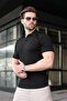 Black Slim Fit Polo Collar Knitwear Men's T-Shirt E7472 - 4